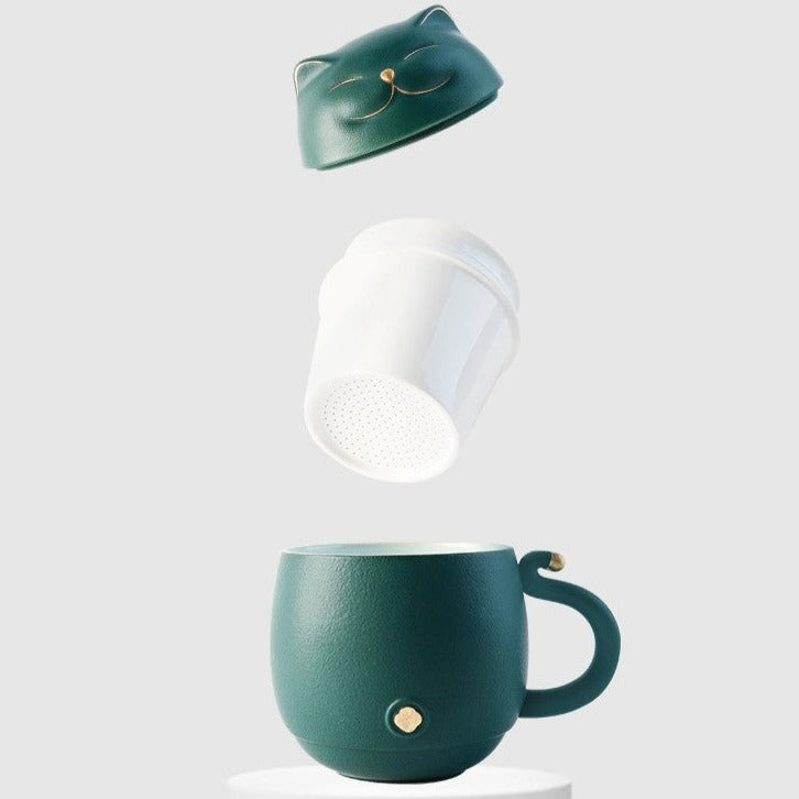 Niedliche Katzen-Teetasse aus Keramik mit Sieb