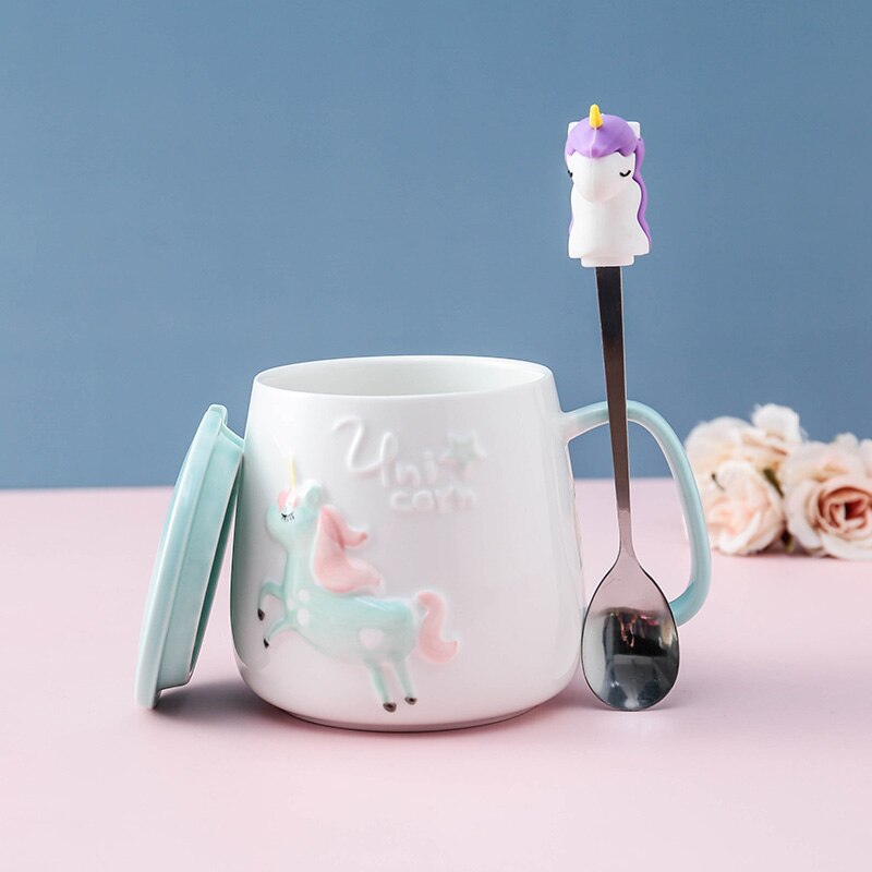 Süße Einhorn-Kaffeetasse mit Deckel und Löffel für Frühstücks-Milchtee Trinkkeramik-Teetasse Geschenk für Mädchen Rosa 350ml