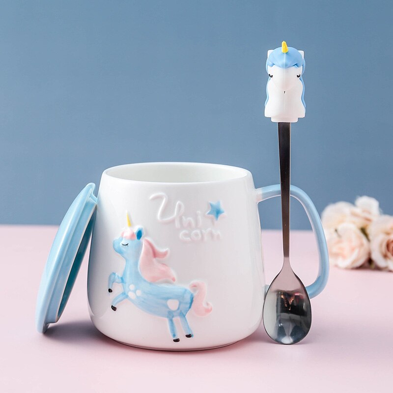 Süße Einhorn-Kaffeetasse mit Deckel und Löffel für Frühstücks-Milchtee Trinkkeramik-Teetasse Geschenk für Mädchen Rosa 350ml