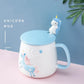 Süße Einhorn-Kaffeetasse mit Deckel und Löffel für Frühstücks-Milchtee Trinkkeramik-Teetasse Geschenk für Mädchen Rosa 350ml