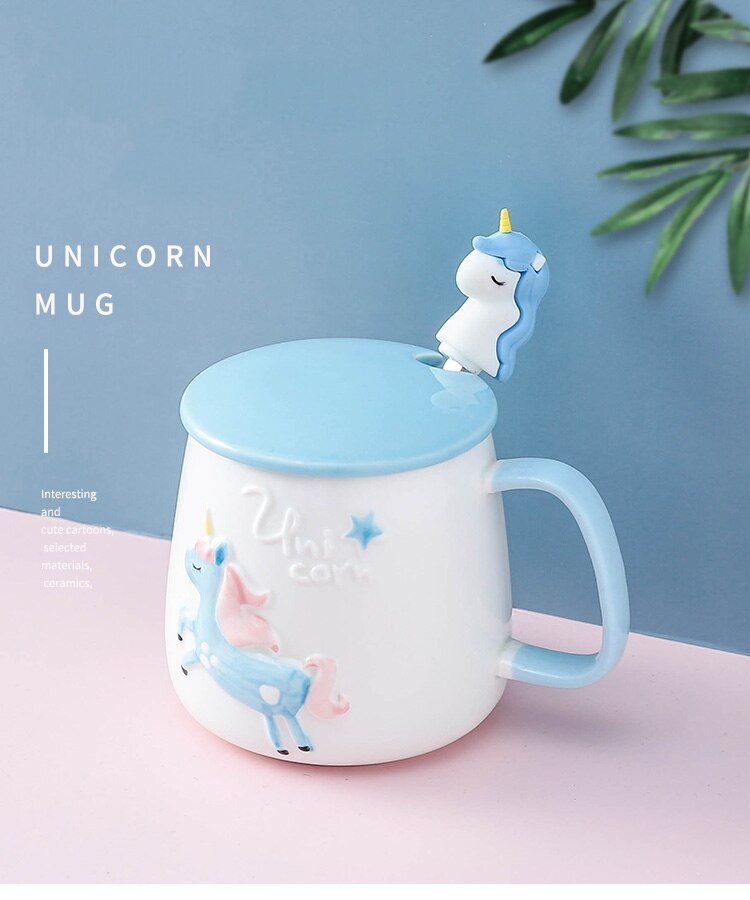 Süße Einhorn-Kaffeetasse mit Deckel und Löffel für Frühstücks-Milchtee Trinkkeramik-Teetasse Geschenk für Mädchen Rosa 350ml
