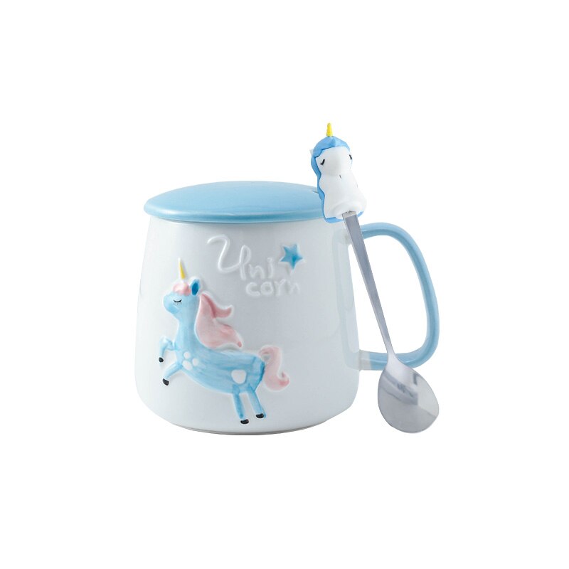 Süße Einhorn-Kaffeetasse mit Deckel und Löffel für Frühstücks-Milchtee Trinkkeramik-Teetasse Geschenk für Mädchen Rosa 350ml