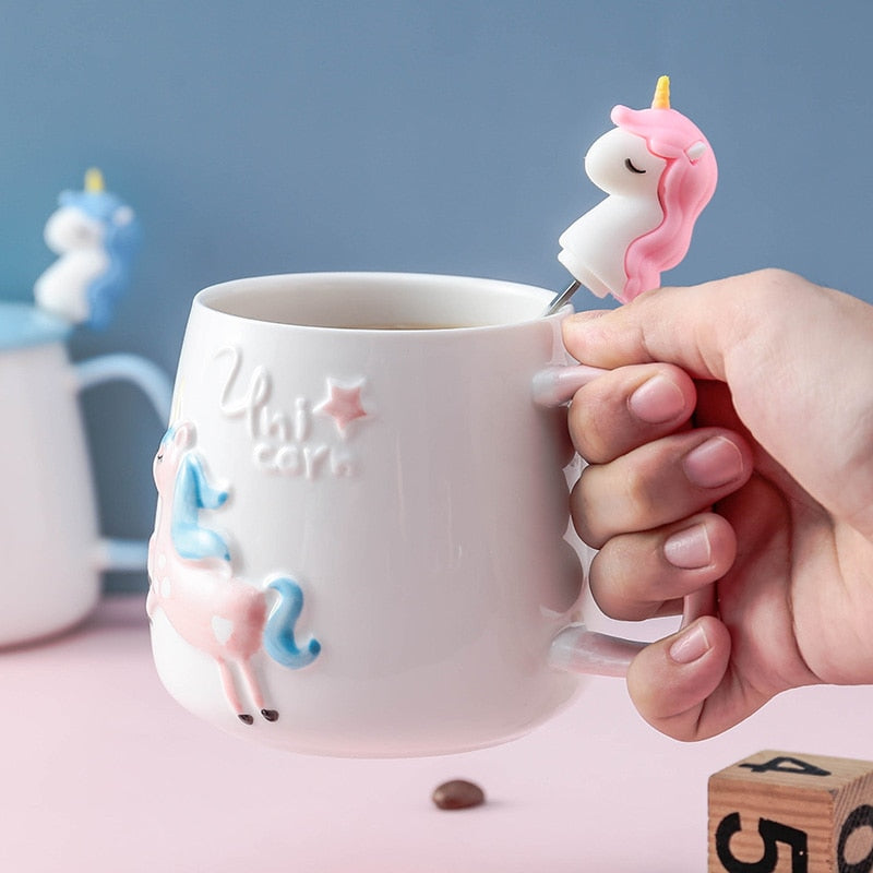 Süße Einhorn-Kaffeetasse mit Deckel und Löffel für Frühstücks-Milchtee Trinkkeramik-Teetasse Geschenk für Mädchen Rosa 350ml