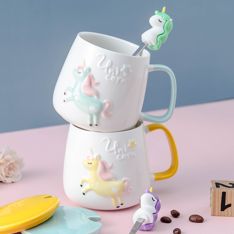Süße Einhorn-Kaffeetasse mit Deckel und Löffel für Frühstücks-Milchtee Trinkkeramik-Teetasse Geschenk für Mädchen Rosa 350ml