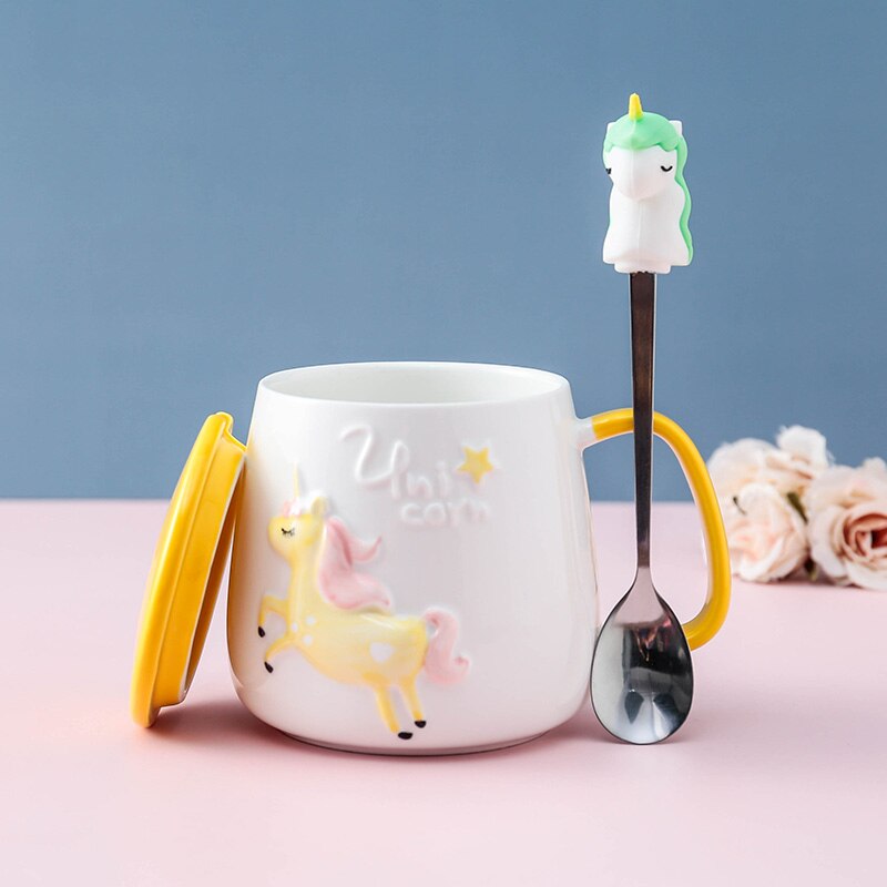 Süße Einhorn-Kaffeetasse mit Deckel und Löffel für Frühstücks-Milchtee Trinkkeramik-Teetasse Geschenk für Mädchen Rosa 350ml