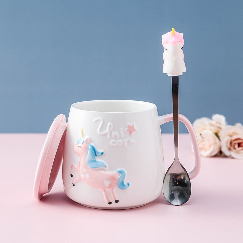 Süße Einhorn-Kaffeetasse mit Deckel und Löffel für Frühstücks-Milchtee Trinkkeramik-Teetasse Geschenk für Mädchen Rosa 350ml