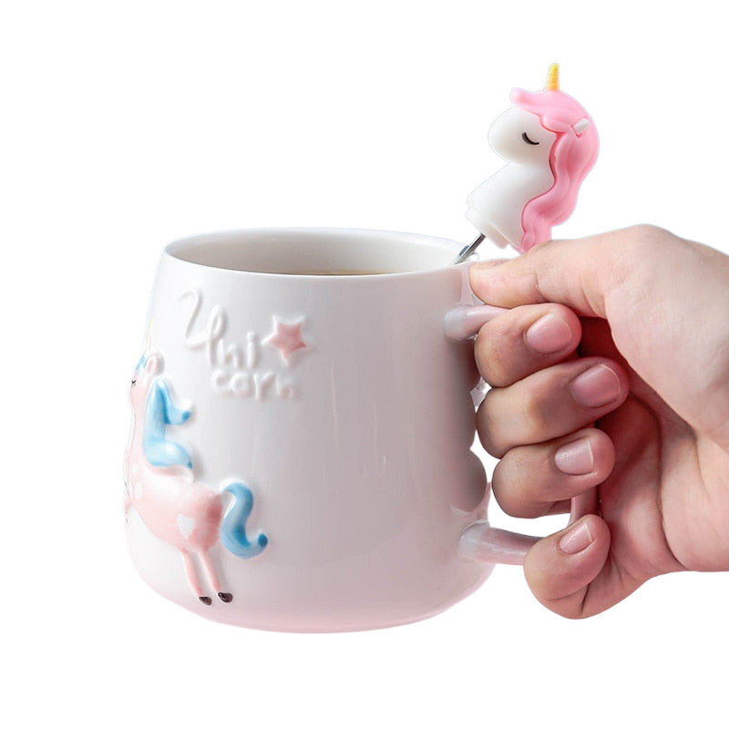 Süße Einhorn-Kaffeetasse mit Deckel und Löffel für Frühstücks-Milchtee Trinkkeramik-Teetasse Geschenk für Mädchen Rosa 350ml