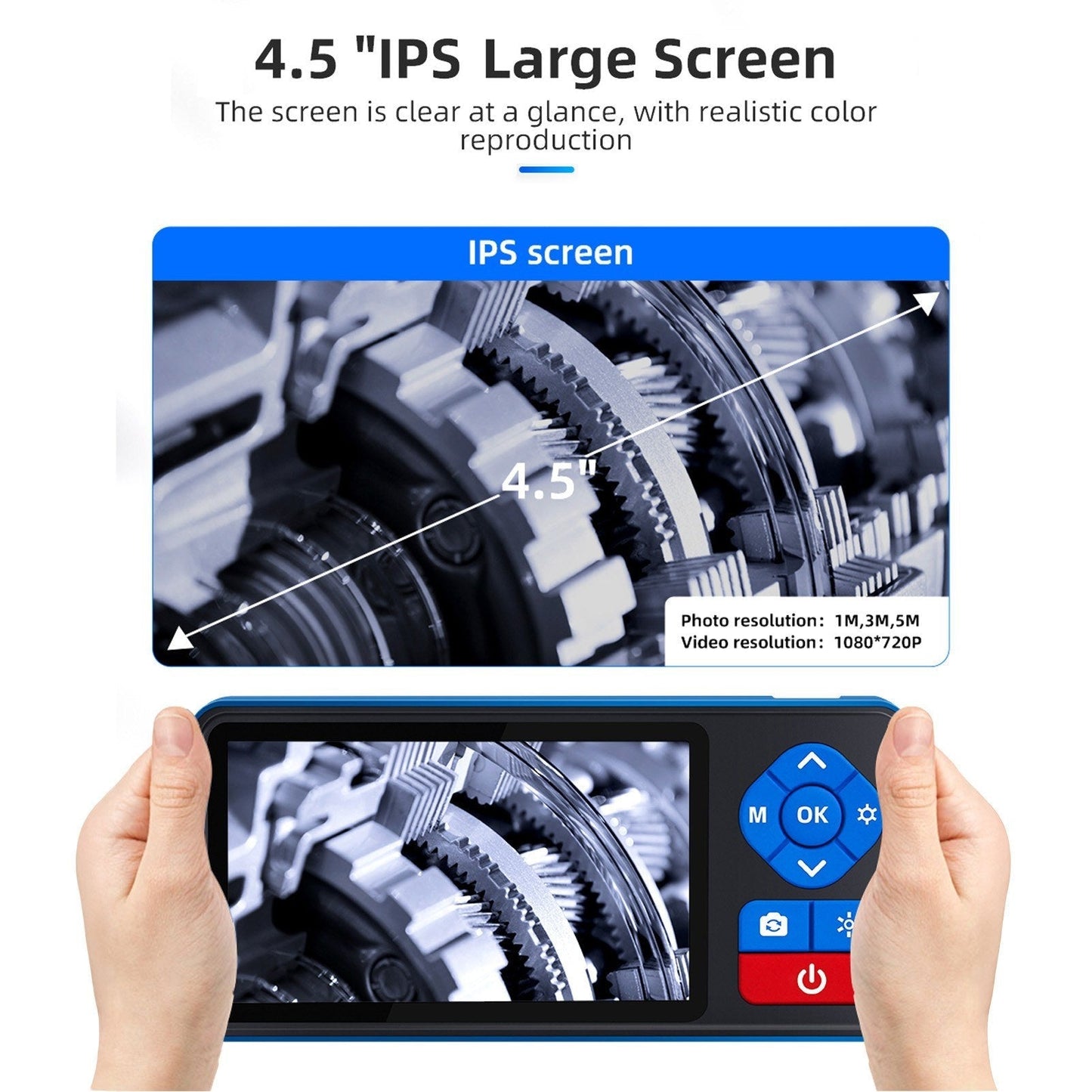 720P Dual Lens Endoskopkamera mit 4,5 Zoll IPS-Bildschirm, 16,4 Fuß wasserdichter Sonde, einstellbare Helligkeit