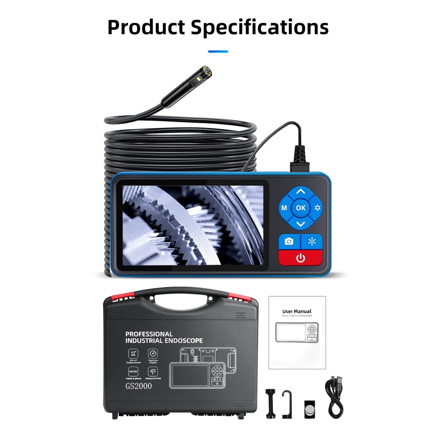 720P Dual Lens Endoskopkamera mit 4,5 Zoll IPS-Bildschirm, 16,4 Fuß wasserdichter Sonde, einstellbare Helligkeit