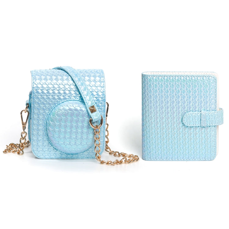 Frendorf | Voor FUJIFILM instax mini 12 Kleurrijke Geweven Leren Case Volledige Body Camera Tas + Fotoalbum met Band (Blauw)