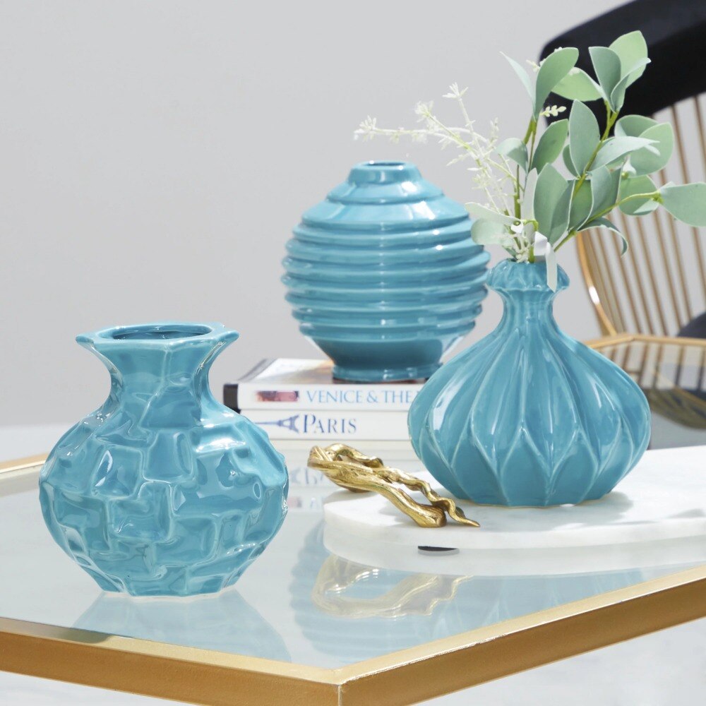 DecMode 15,2 cm B, 15,2 cm H Blaue Keramikvase mit variierenden Mustern, Set von 3