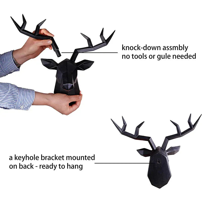 Hirschkopf Skulptur Tier Statue Figuren Wandbehang Kreatives Elch Kunst Geweih Statuette für Bürodeko Wandmontage