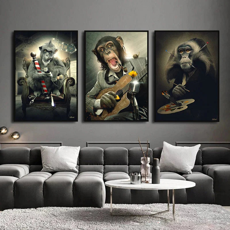 Reh Kaninchen Gorilla Jazz Affe Katze rauchende Leinwandmalerei Tier Poster und Drucke Moderne Wandkunst Bild für Badezimmerdekoration