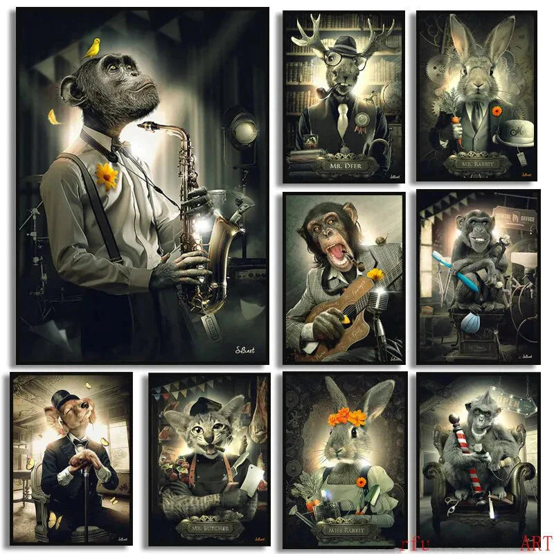 Reh Kaninchen Gorilla Jazz Affe Katze rauchende Leinwandmalerei Tier Poster und Drucke Moderne Wandkunst Bild für Badezimmerdekoration