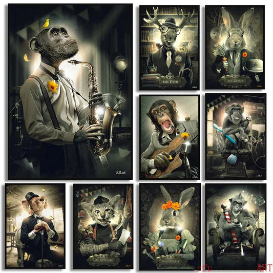 Reh Kaninchen Gorilla Jazz Affe Katze rauchende Leinwandmalerei Tier Poster und Drucke Moderne Wandkunst Bild für Badezimmerdekoration