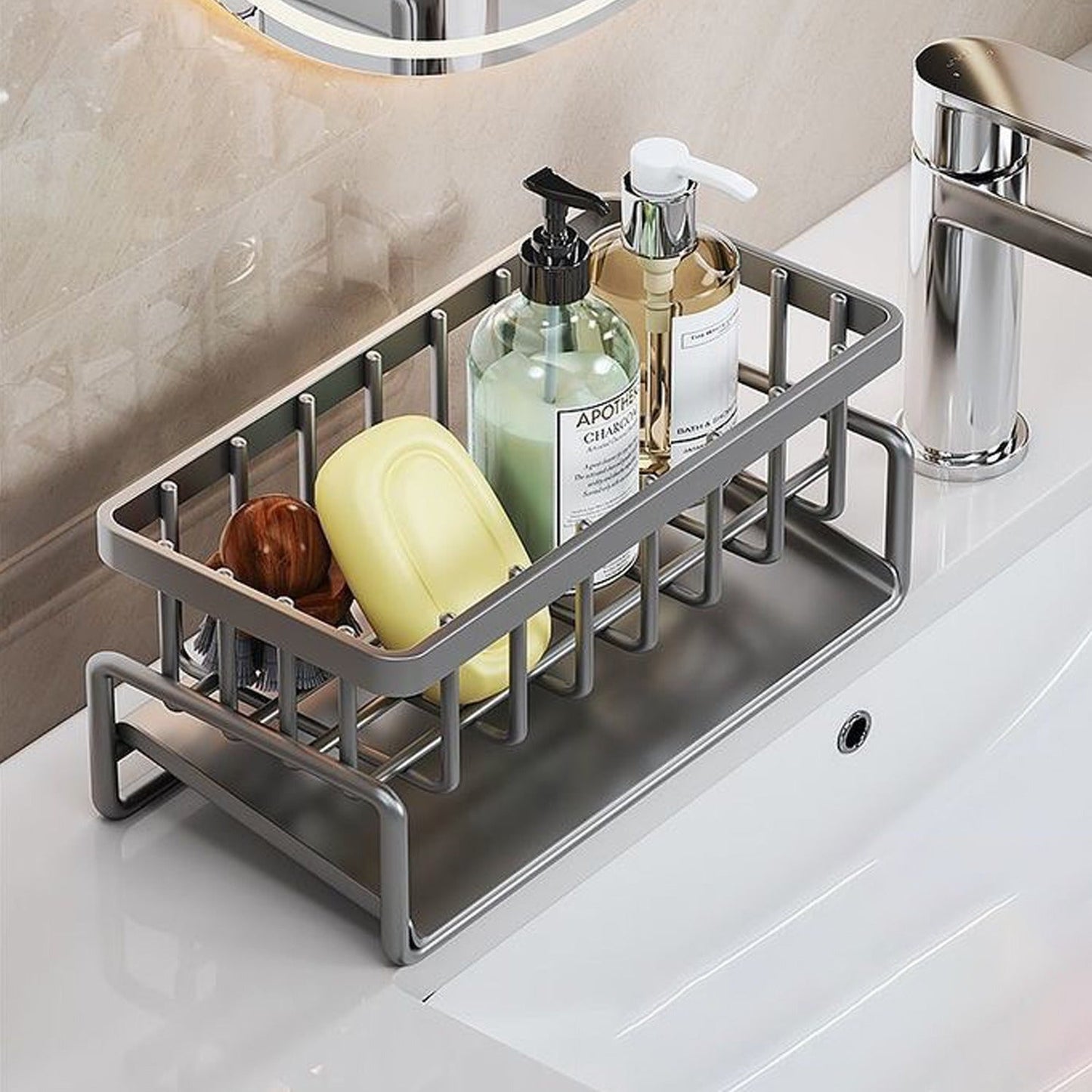 Frendorf | Rostfreier Edelstahl Spülen Organizer Regal - Küchen-Schwamm, Seife, Geschirrtuch Halter Regal Korb