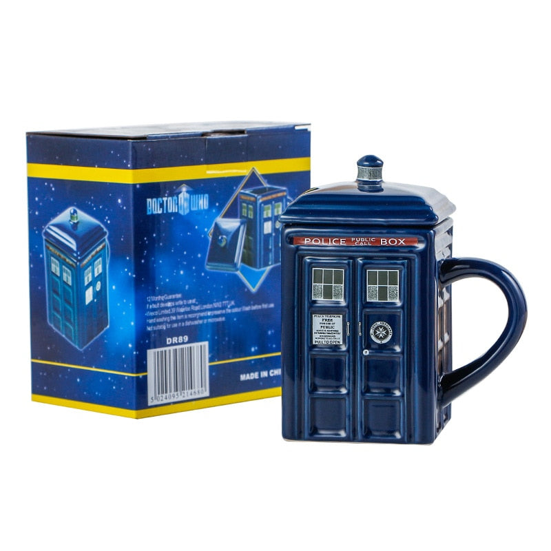 Doctor Who Tardis kreative Polizeibox Tasse lustige Keramikkaffeetasse mit Löffel Geschenkkarton in Blau und Milchgetränken Frühstückstasse