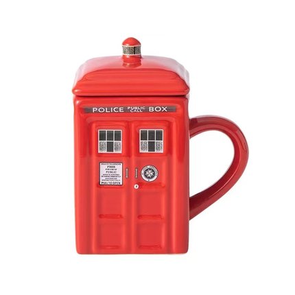 Doctor Who Tardis kreative Polizeibox Tasse lustige Keramikkaffeetasse mit Löffel Geschenkkarton in Blau und Milchgetränken Frühstückstasse