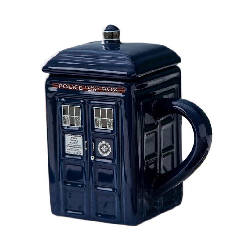Doctor Who Tardis kreative Polizeibox Tasse lustige Keramikkaffeetasse mit Löffel Geschenkkarton in Blau und Milchgetränken Frühstückstasse