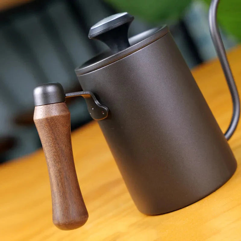 Drip Kettle 600ml Kaffee Teekanne Edelstahl Antihaft Gooseneck Drip Kettle Holzgriff Kaffeekanne