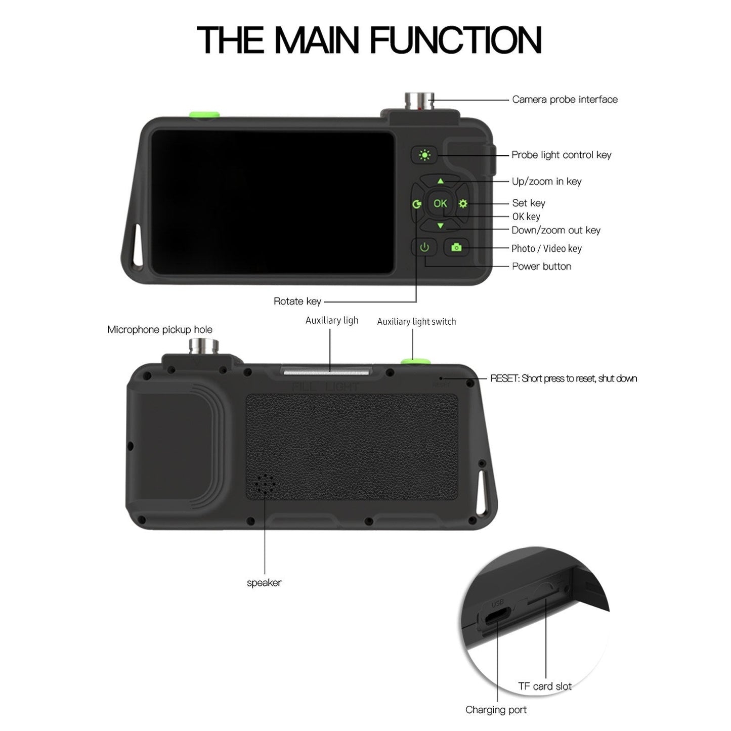 4,5-Zoll IPS Industrie-Endoskop, 1080P HD Borescope Kamera mit 6 LEDs, IP67 wasserdicht, TF-Kartensteckplatz