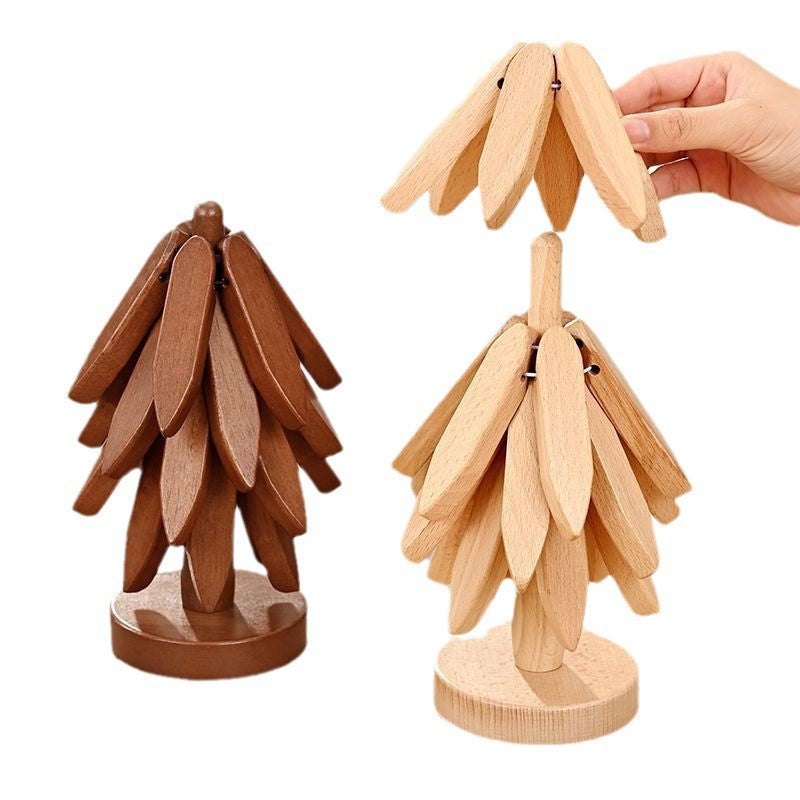 Frendorf | 1Set Holzuntersetzer für heiße Gerichte Faltbarer Baumform Tischmatte Halter Wärmeisoliertes Pad Set Untersetzer für Töpfe