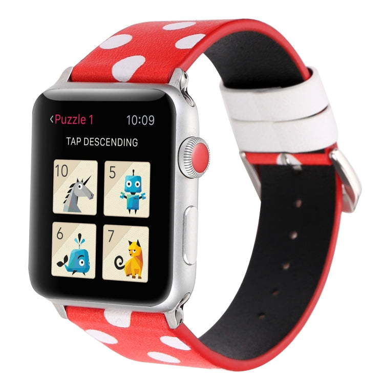 Frendorf | Fashion Wave Punkt Serie Leder Uhrband Für Apple Watch Serie 9&8&7 41mm / SE 3&SE 2&6&SE&5&4 40mm / 3&2&1 38mm (Weiße Wellen Punkt Roter Hintergrund)
