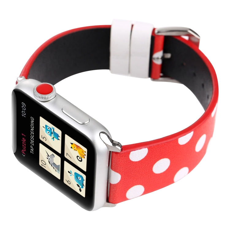 Frendorf | Fashion Wave Punkt Serie Leder Uhrband Für Apple Watch Serie 9&8&7 41mm / SE 3&SE 2&6&SE&5&4 40mm / 3&2&1 38mm (Weiße Wellen Punkt Roter Hintergrund)