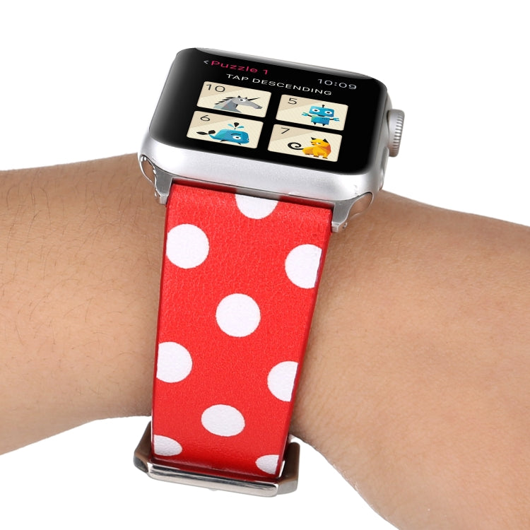 Frendorf | Fashion Wave Punkt Serie Leder Uhrband Für Apple Watch Serie 9&8&7 41mm / SE 3&SE 2&6&SE&5&4 40mm / 3&2&1 38mm (Weiße Wellen Punkt Roter Hintergrund)