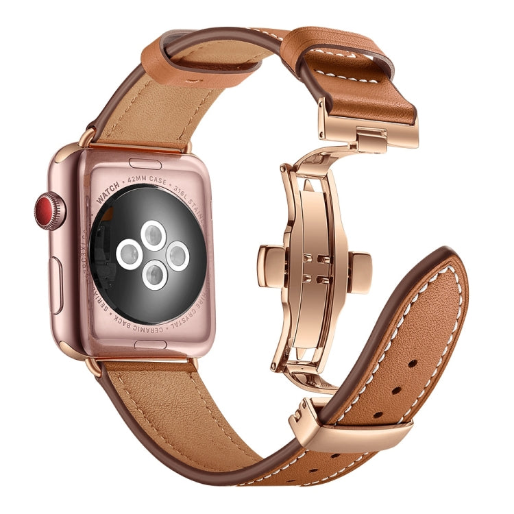 Frerndorf | Echtes Leder + Schmetterling Roségold Schnalle Uhrband für Apple Watch Series 9&8&7 41mm / SE 3&SE 2&6&SE&5&4 40mm / 3&2&1 38mm (Braun)