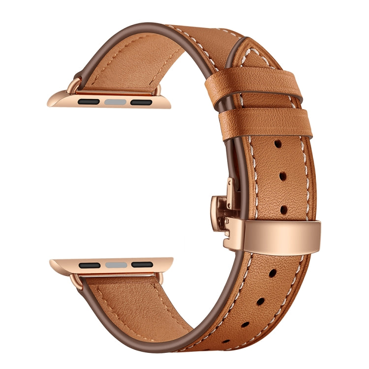 Frerndorf | Echtes Leder + Schmetterling Roségold Schnalle Uhrband für Apple Watch Series 9&8&7 41mm / SE 3&SE 2&6&SE&5&4 40mm / 3&2&1 38mm (Braun)