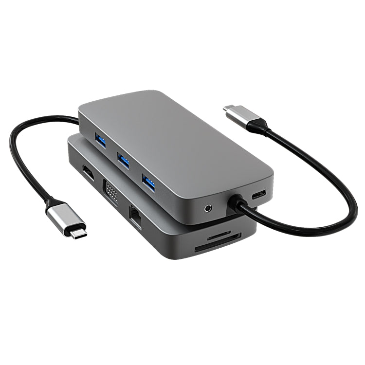 Frendorf | Basix BL10V 10 in 1 USB-C / Type-C zu RJ45 + VGA + HDMI + 3,5mm AUX + SD / TF Kartensteckplatz + PD USB-C / Type-C + USB 3.0 + 2 USB 2.0 Ports Docking Station HUB