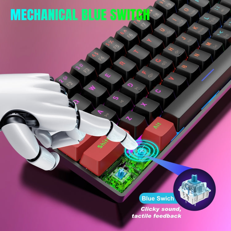 Frendorf | HXSJ V900 61 Tasten Coole Lichteffekte Mechanische Verkabelte Tastatur (Schwarz Rot)