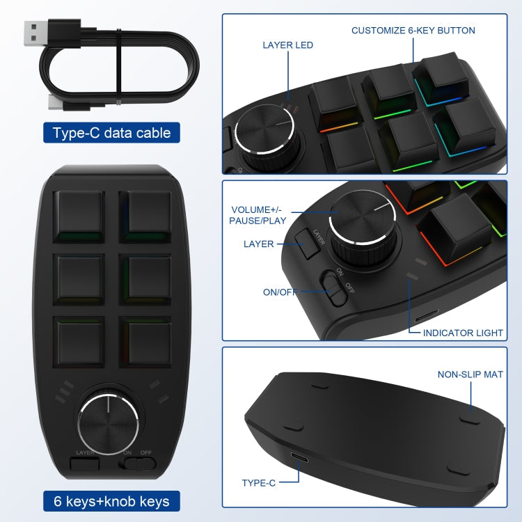Frendorf | USB Kabel RGB Benutzerdefinierte Mechanische Tastatur 6 Tasten 1 Knopf Programmierung Gaming Keypad (Schwarz)