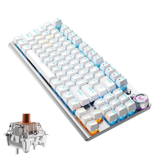 Frendorf | AULA F3001 Hintergrundbeleuchtet 87 Tasten Kabelgebunden/Drahtlos/Bluetooth Drei Modell Mechanische Gaming Tastatur (Silber Weiß Tee Schaft)