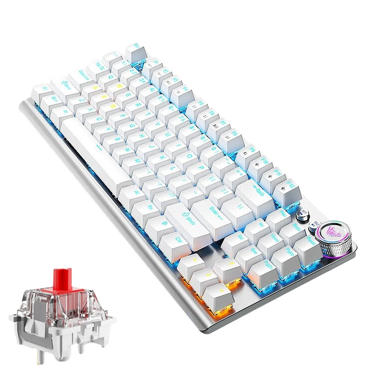 Frendorf | AULA F3001 Hintergrundbeleuchtete 87 Tasten Kabelgebunden/Drahtlos/Bluetooth Drei Modelle Mechanische Gaming-Tastatur (Silber Weiß Roter Schaft)