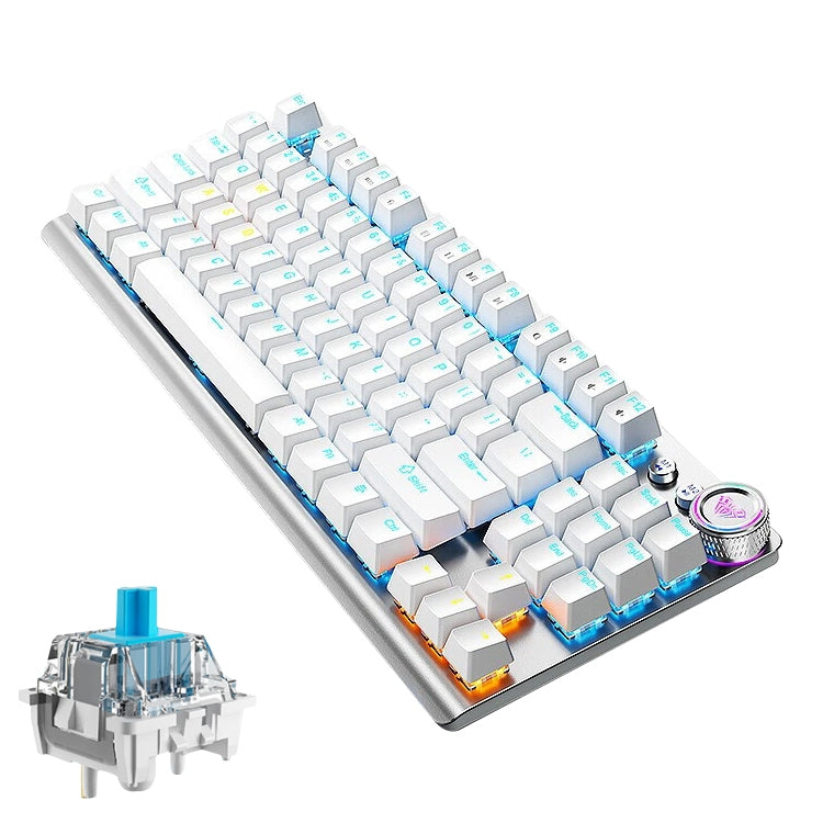 Frendorf | AULA F3001 Hintergrundbeleuchtet 87 Tasten Kabelgebunden/Drahtlos/Bluetooth Drei Modell Mechanische Gaming-Tastatur(Silber Weiß Grüner Schaft)