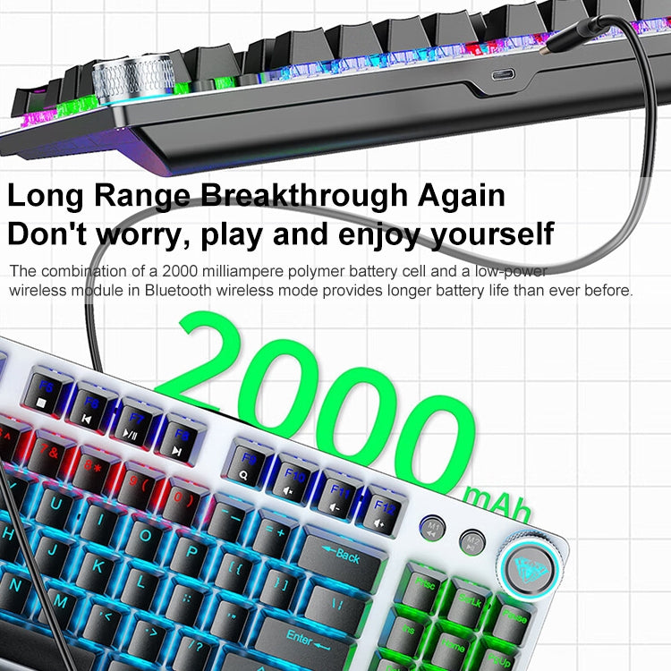 Frendorf | AULA F3001 Hintergrundbeleuchtet 87 Tasten Kabelgebunden/Drahtlos/Bluetooth Drei Modell Mechanische Gaming Tastatur (Silber Weiß Tee Schaft)