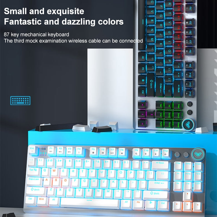 Frendorf | AULA F3001 Hintergrundbeleuchtet 87 Tasten Kabelgebunden/Drahtlos/Bluetooth Drei Modell Mechanische Gaming Tastatur (Silber Weiß Tee Schaft)