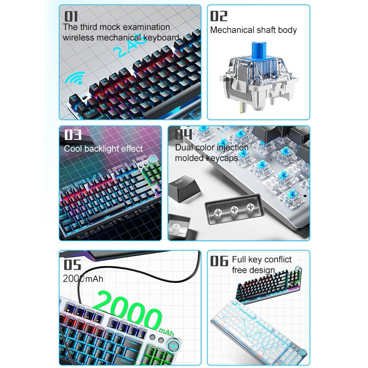 Frendorf | AULA F3001 Hintergrundbeleuchtet 87 Tasten Kabelgebunden/Drahtlos/Bluetooth Drei Modell Mechanische Gaming Tastatur (Silber Weiß Tee Schaft)