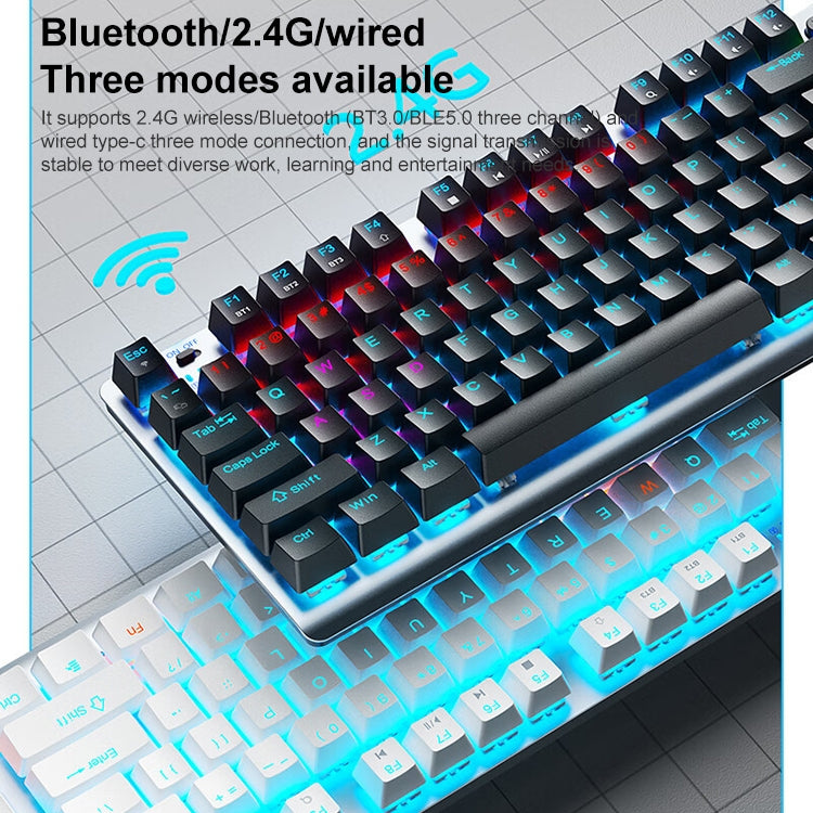 Frendorf | AULA F3001 Hintergrundbeleuchtet 87 Tasten Kabelgebunden/Drahtlos/Bluetooth Drei Modell Mechanische Gaming Tastatur (Silber Weiß Tee Schaft)