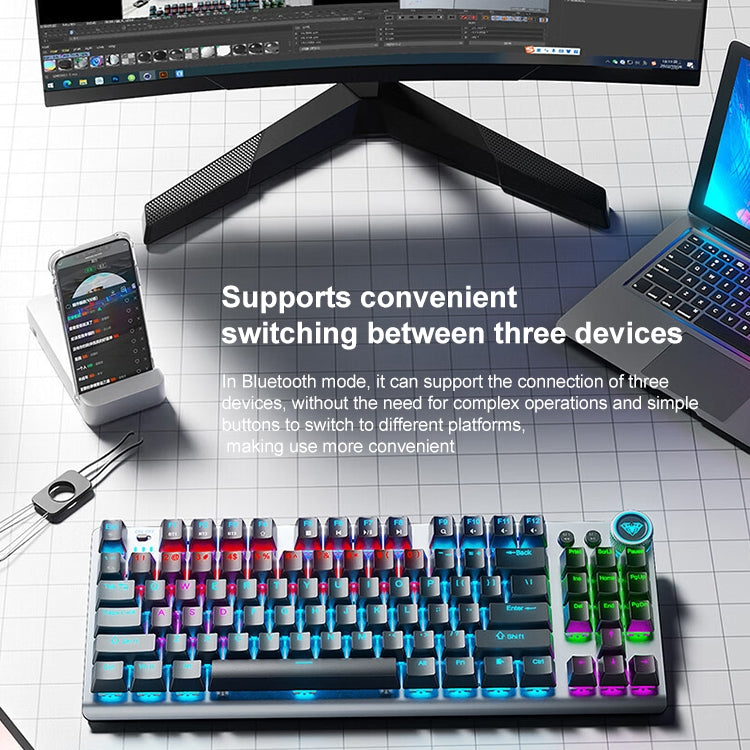 Frendorf | AULA F3001 Hintergrundbeleuchtet 87 Tasten Kabelgebunden/Drahtlos/Bluetooth Drei Modell Mechanische Gaming Tastatur (Silber Weiß Tee Schaft)