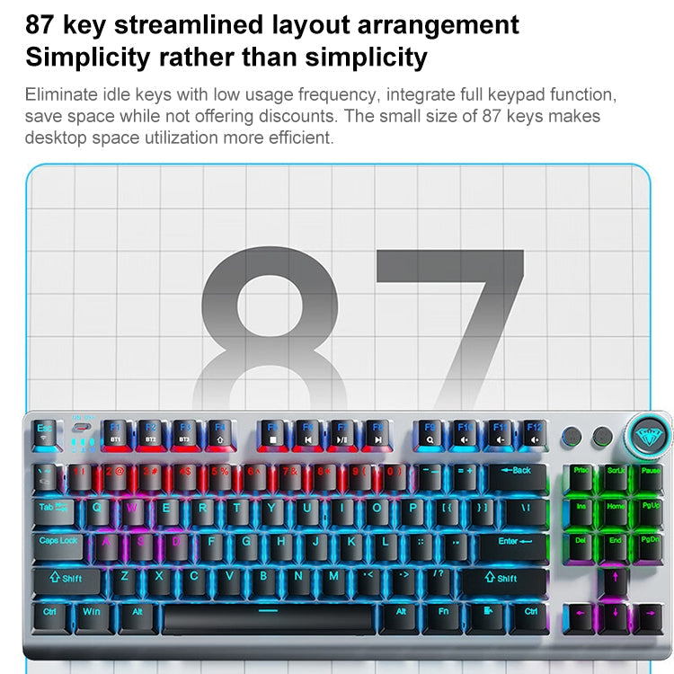 Frendorf | AULA F3001 Hintergrundbeleuchtet 87 Tasten Kabelgebunden/Drahtlos/Bluetooth Drei Modell Mechanische Gaming Tastatur (Silber Weiß Tee Schaft)