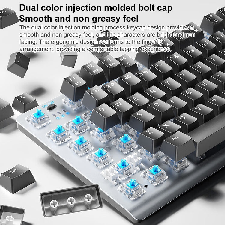 Frendorf | AULA F3001 Hintergrundbeleuchtet 87 Tasten Kabelgebunden/Drahtlos/Bluetooth Drei Modell Mechanische Gaming Tastatur (Silber Weiß Tee Schaft)