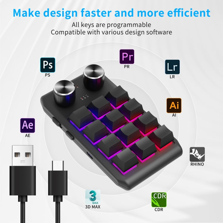 Frendorf | Bluetooth Wireless 12KV2 MOLD Mini Mechanical 12 Tasten 2 Regler Benutzerdefinierte Programmierung Tastatur (Schwarz)