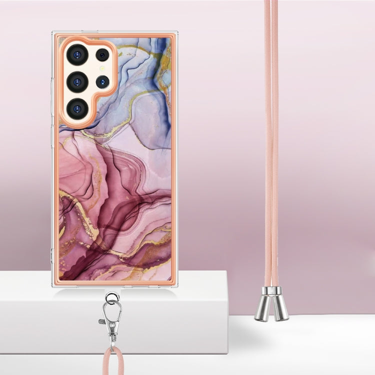 Frendorf | Für Samsung Galaxy S24 Ultra 5G Elektroplattierung Marmor Dual-Seite IMD Handyhülle mit Halsband (Rosenrot 014)