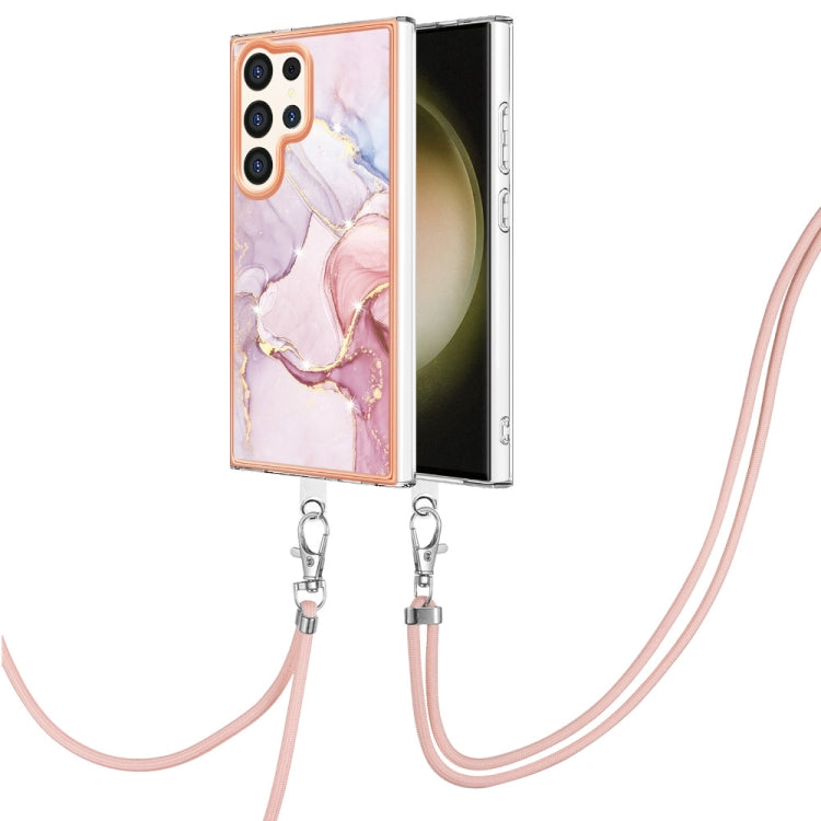 Frendorf | Für Samsung Galaxy S24 Ultra 5G Elektroplating Marmor doppelseitige IMD-Handyhülle mit Lanyard (Roségold 005)