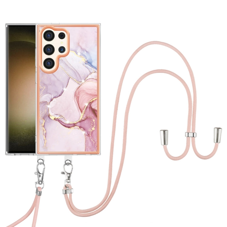 Frendorf | Für Samsung Galaxy S24 Ultra 5G Elektroplating Marmor doppelseitige IMD-Handyhülle mit Lanyard (Roségold 005)