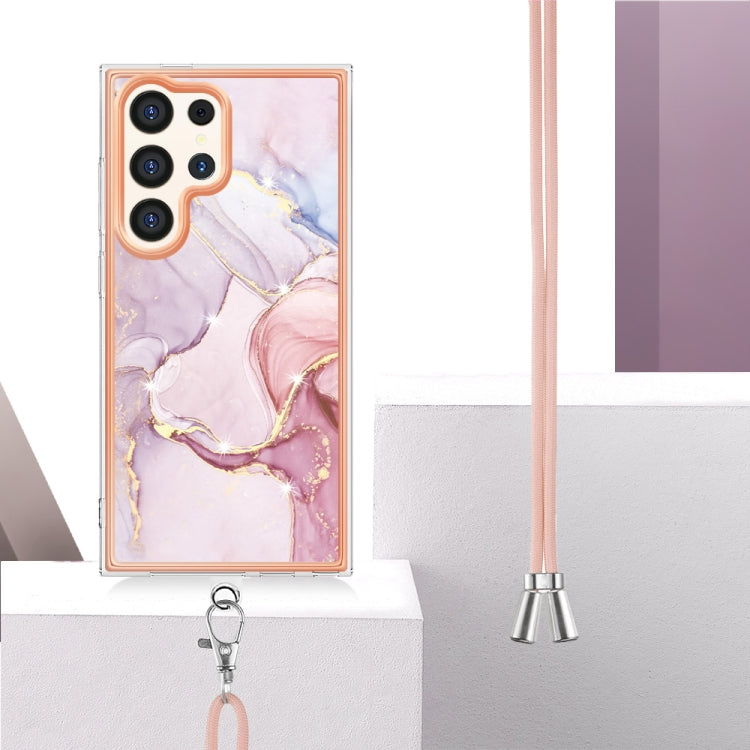 Frendorf | Für Samsung Galaxy S24 Ultra 5G Elektroplating Marmor doppelseitige IMD-Handyhülle mit Lanyard (Roségold 005)