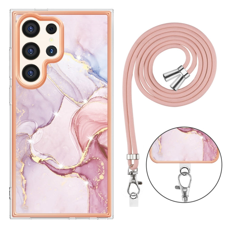 Frendorf | Für Samsung Galaxy S24 Ultra 5G Elektroplating Marmor doppelseitige IMD-Handyhülle mit Lanyard (Roségold 005)